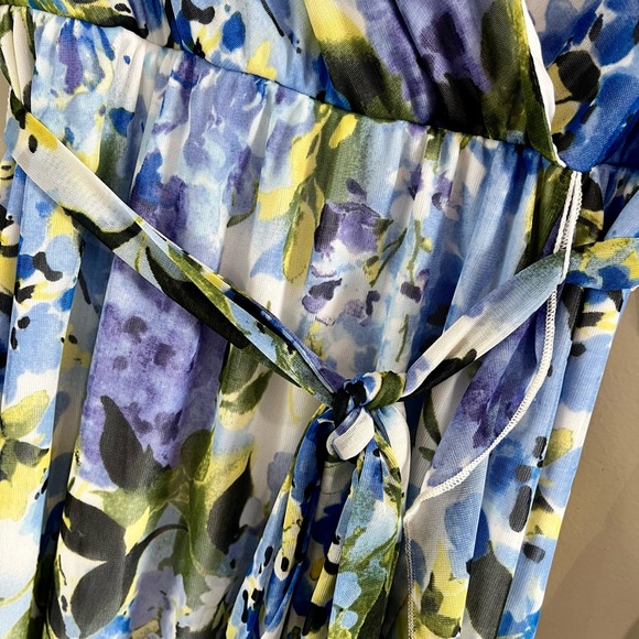 Marina FLORAL‎ LONG SLEEVE FAUX WRAP DRESS Blue Green Chiffon Size 14 Midi NWT - Picture 4 of 14